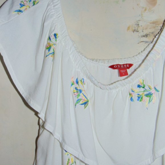 Guess Women’s Y2K Prairie Off Shoulder Ruffle Sleeveless Gauzy Top Floral L - Picture 6 of 7